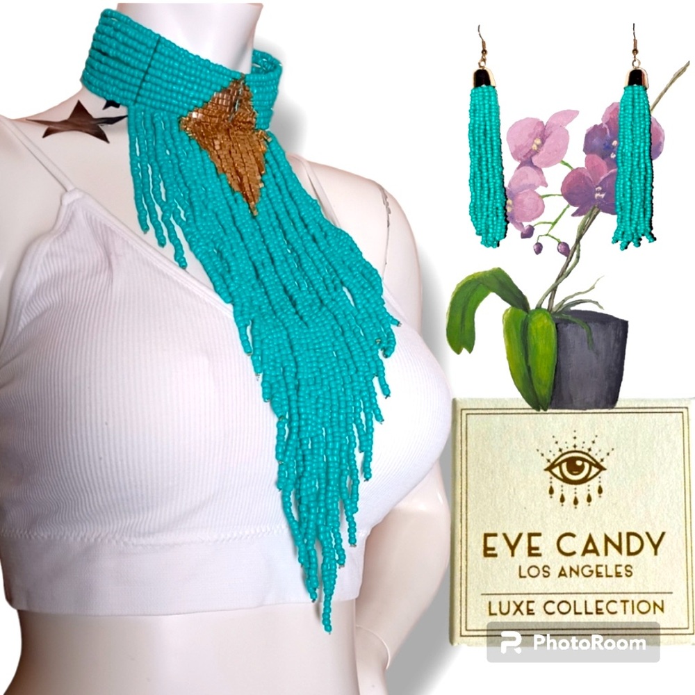 EYE CANDY L.A. So UNIQUE 3pc Set Turquoise Waterfall Beaded Necklace + Earrings!